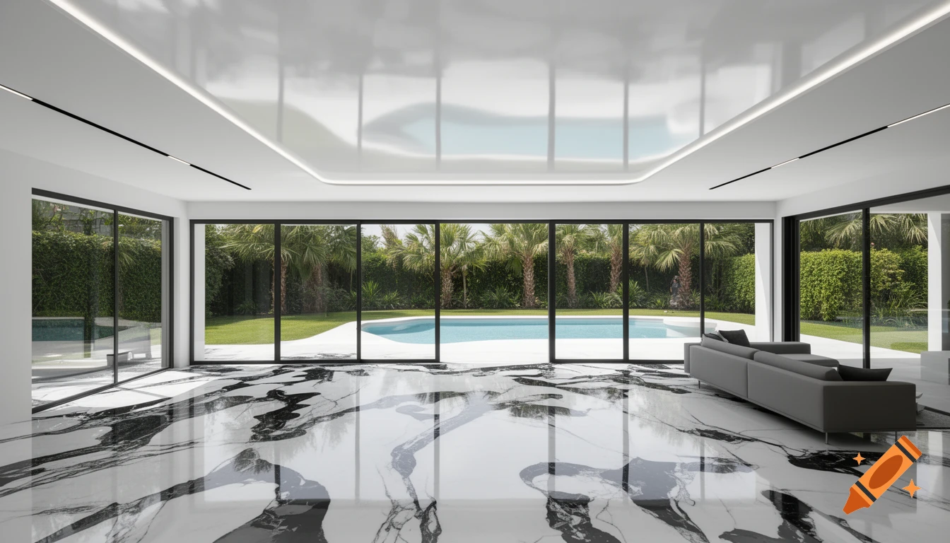 A luxurious modern villa interior featuring a black and white marble floor, a reflective white ceiling, and floor-to-ceiling windows overlooking a tropical yard with a pool.