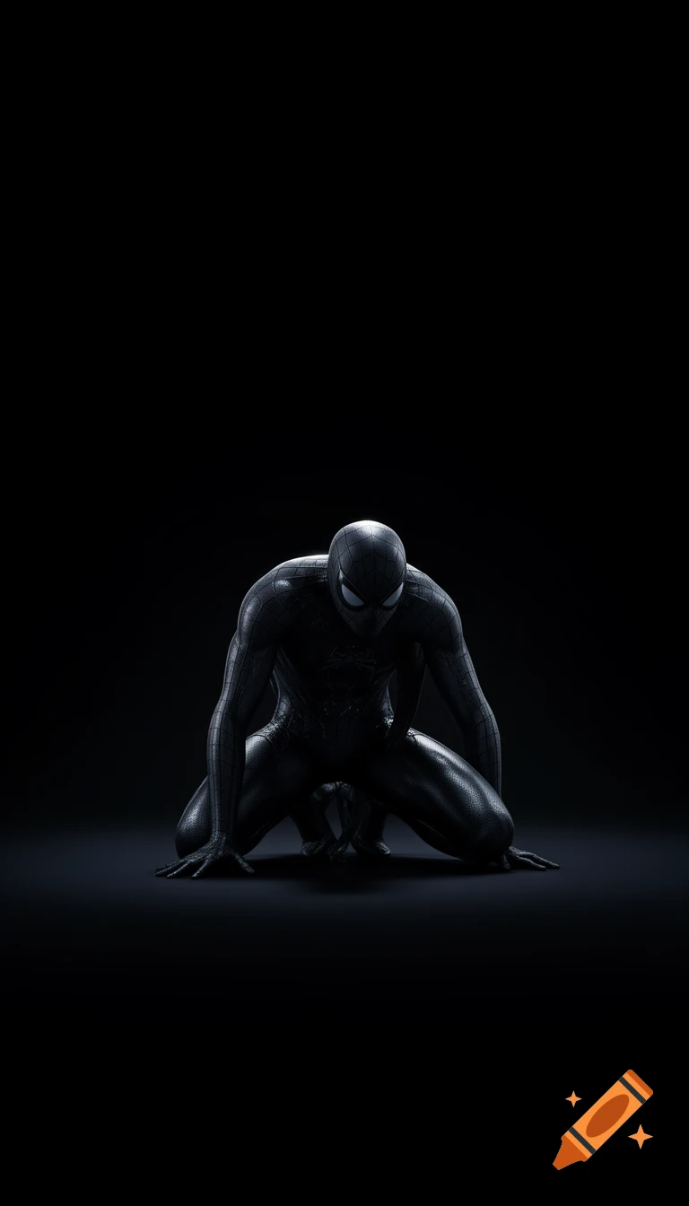 A 3D render of Spider-Man in a black symbiote suit, collapsed on his knees, bowing his head in defeat on a black background.