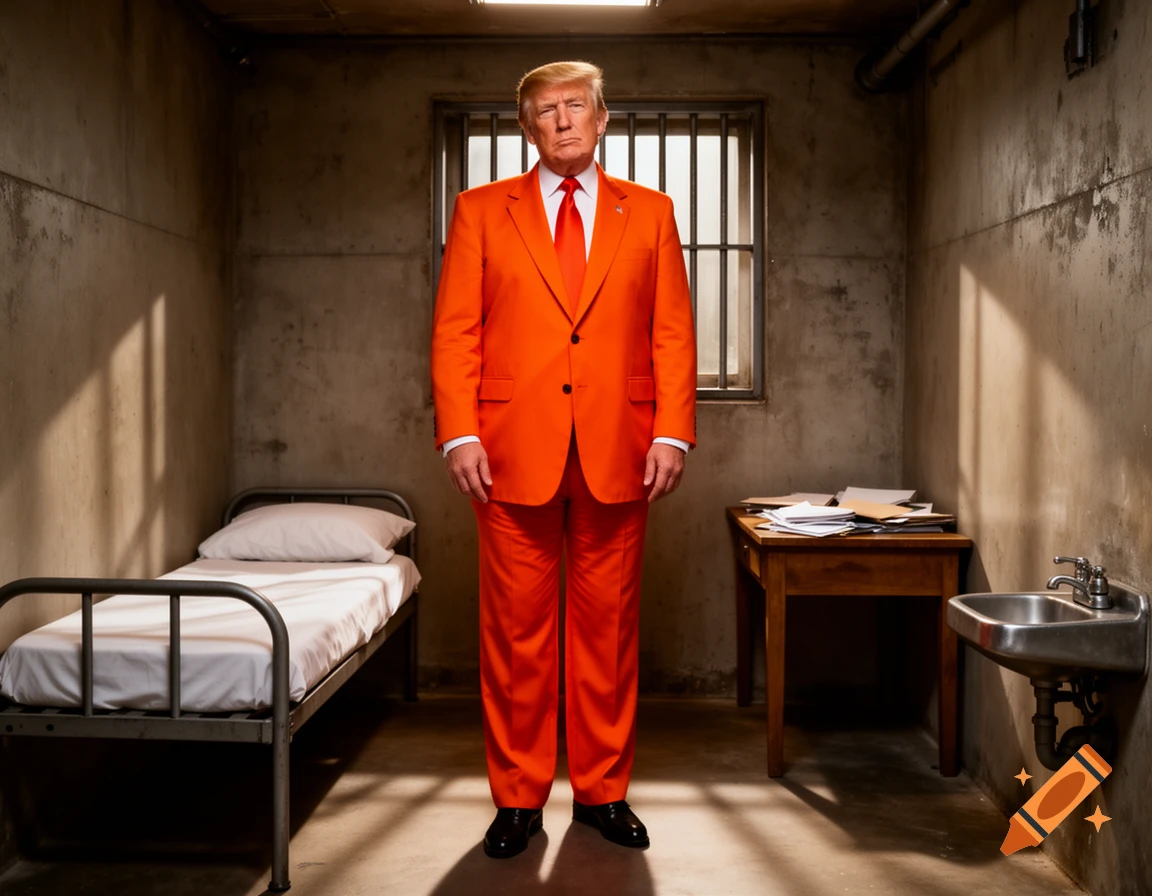 Donald Trump in an orange suit stands in a bare prison cell with a bed, table, and barred window.