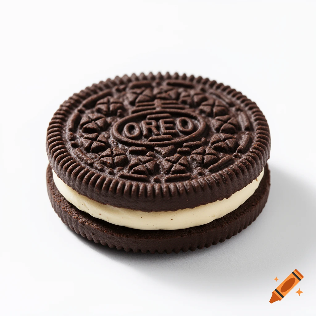 A single photorealistic Oreo cookie with cream filling on a white background.