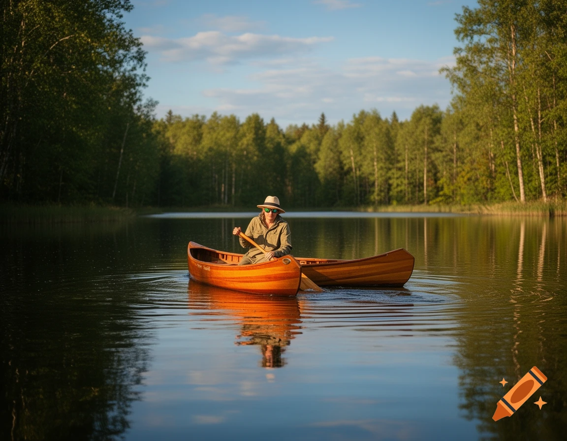 Person in a hat and sunglasses paddles a wooden canoe on a calm lake surrounded by a green forest under a blue sky.