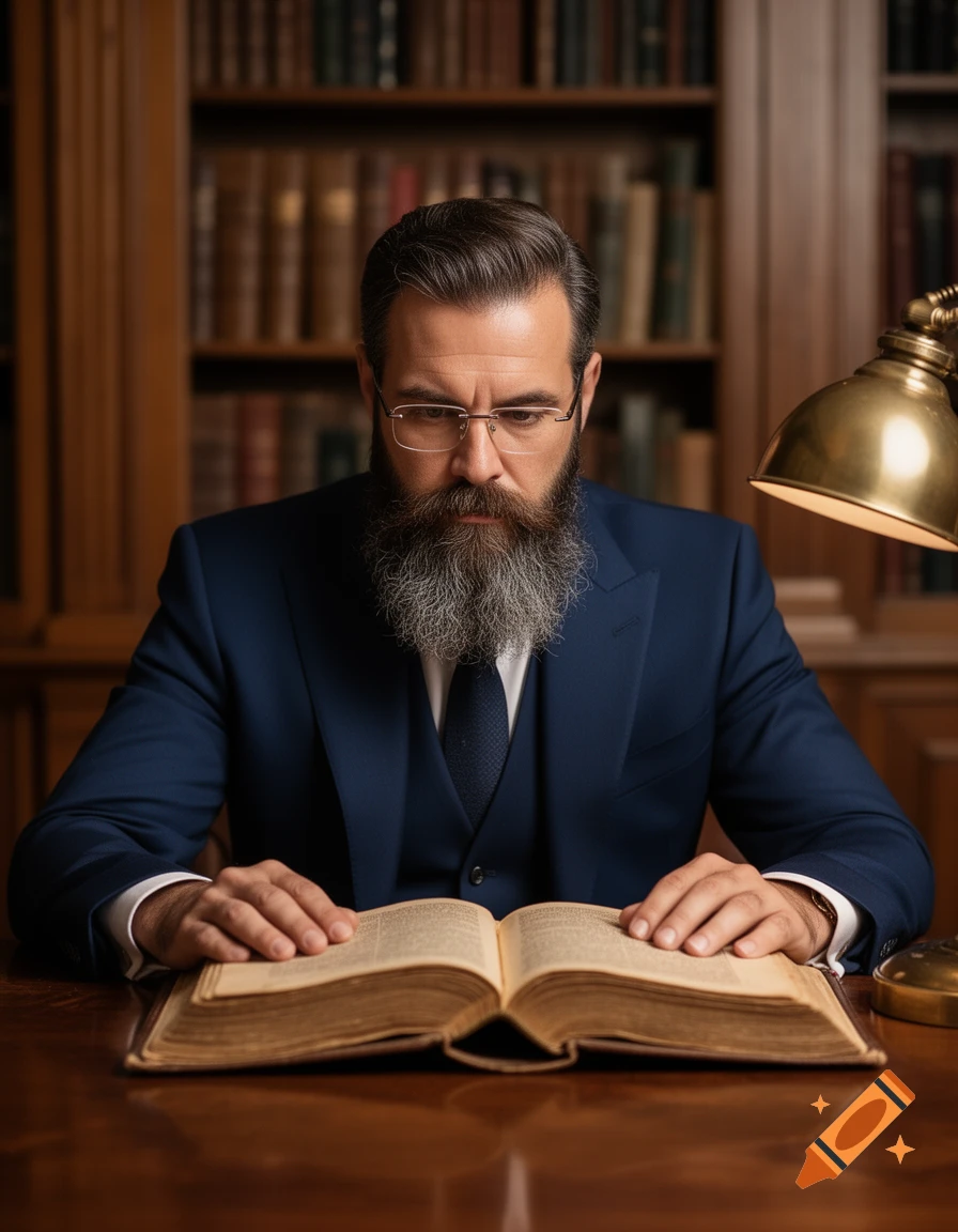 Photorealistic image of a bearded man with glasses intently reading an open book at a wooden desk in a dimly lit library.