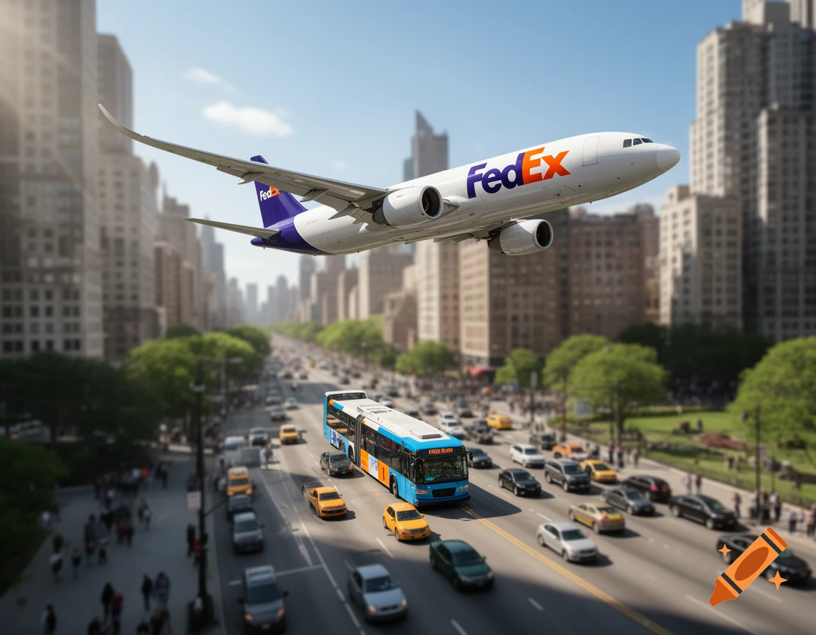 A FedEx cargo plane flies low over a busy city street with a blue bus and cars, flanked by tall buildings.