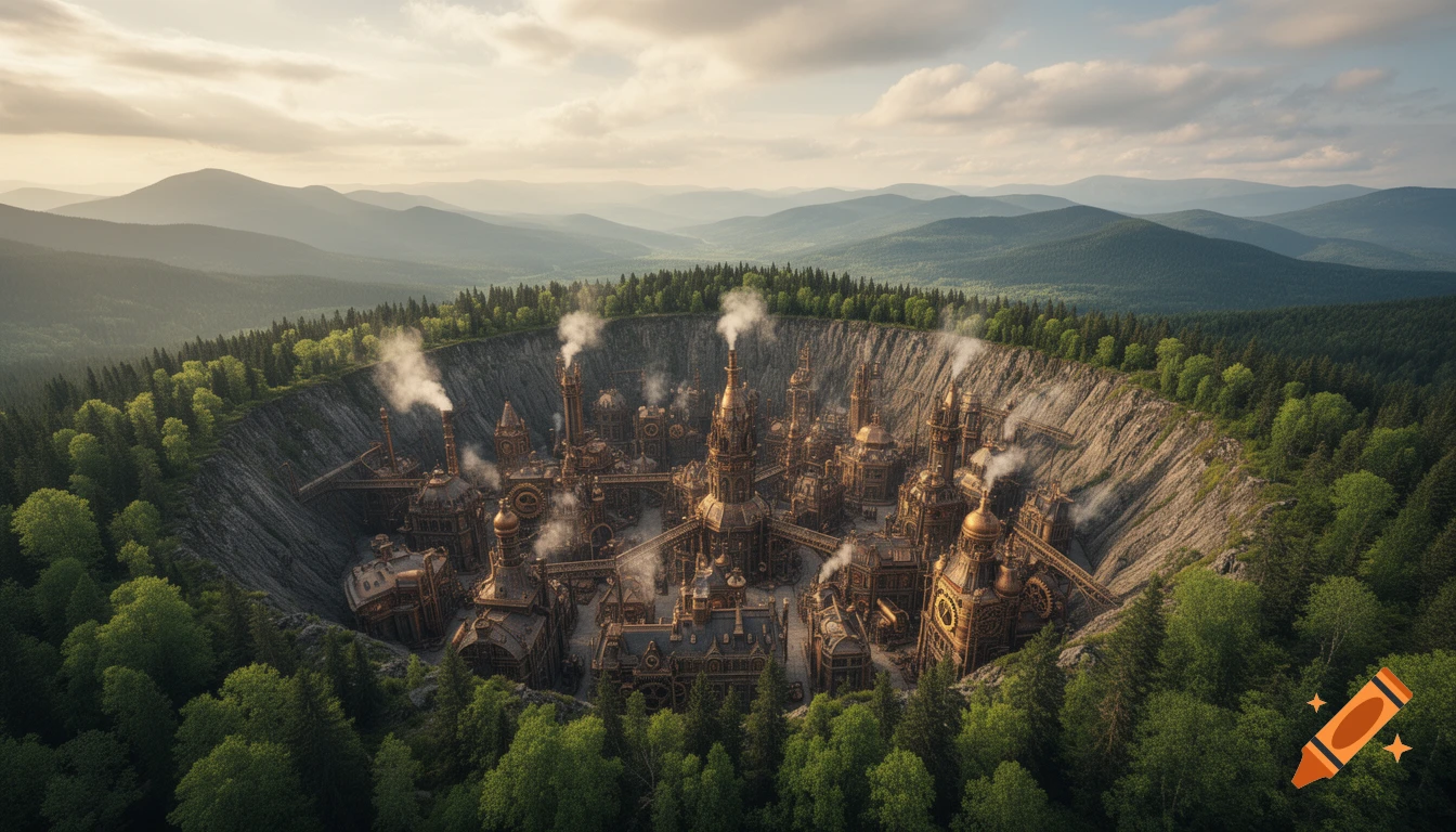 An aerial view of a grand steampunk city nestled within a deep crater, surrounded by lush green forests and rolling mountains under a cloudy sky.