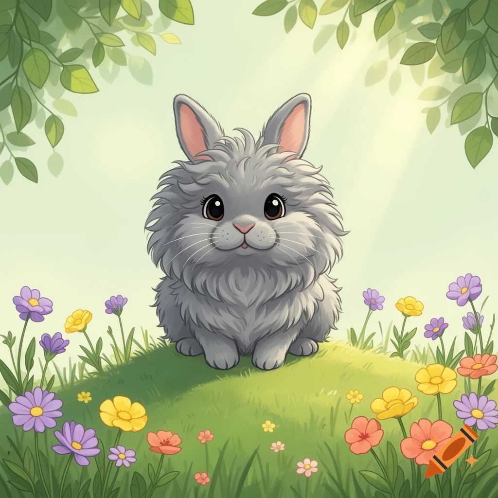 A cute, fluffy gray cartoon rabbit sits in a field of colorful flowers under green leaves and sunlight.