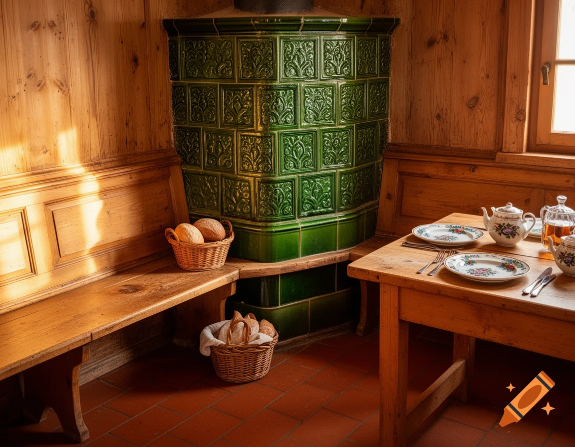 Rustic farmhouse kitchen with a green tiled stove, wooden bench, and a table set with teapots, plates, and baskets of bread.