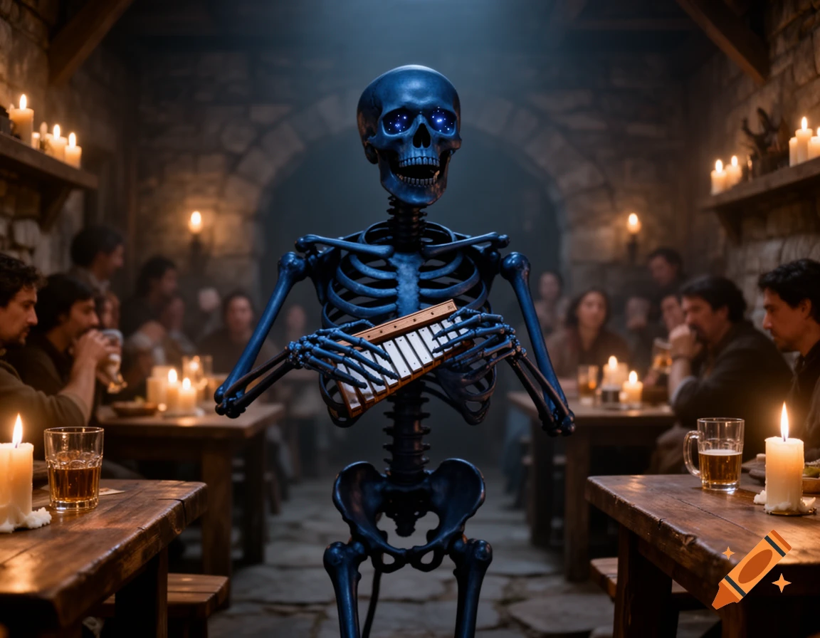 A dark blue skeleton bard with glowing blue eyes plays a melodica in a candlelit stone tavern, as patrons sit at wooden tables in the background.