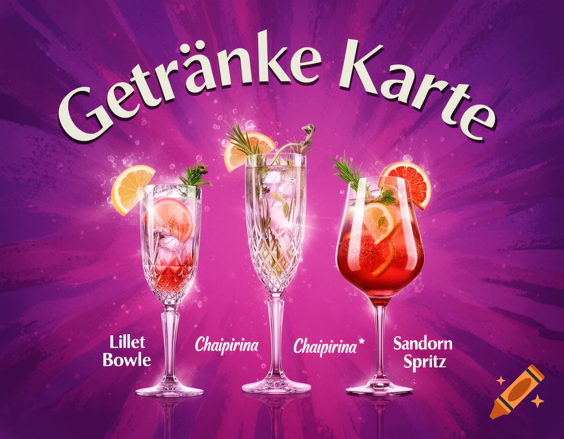 Three cocktails with fruit garnishes are displayed on a vibrant purple and pink background, with the text 'Getränke Karte' at the top and drink names 'Lillet Bowle', 'Chaipirina', and 'Sandorn Spritz' below them.