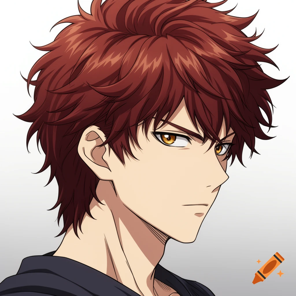 Anime portrait of a young adult male fighter with messy red-brown hair and hazel eyes, looking stoic.