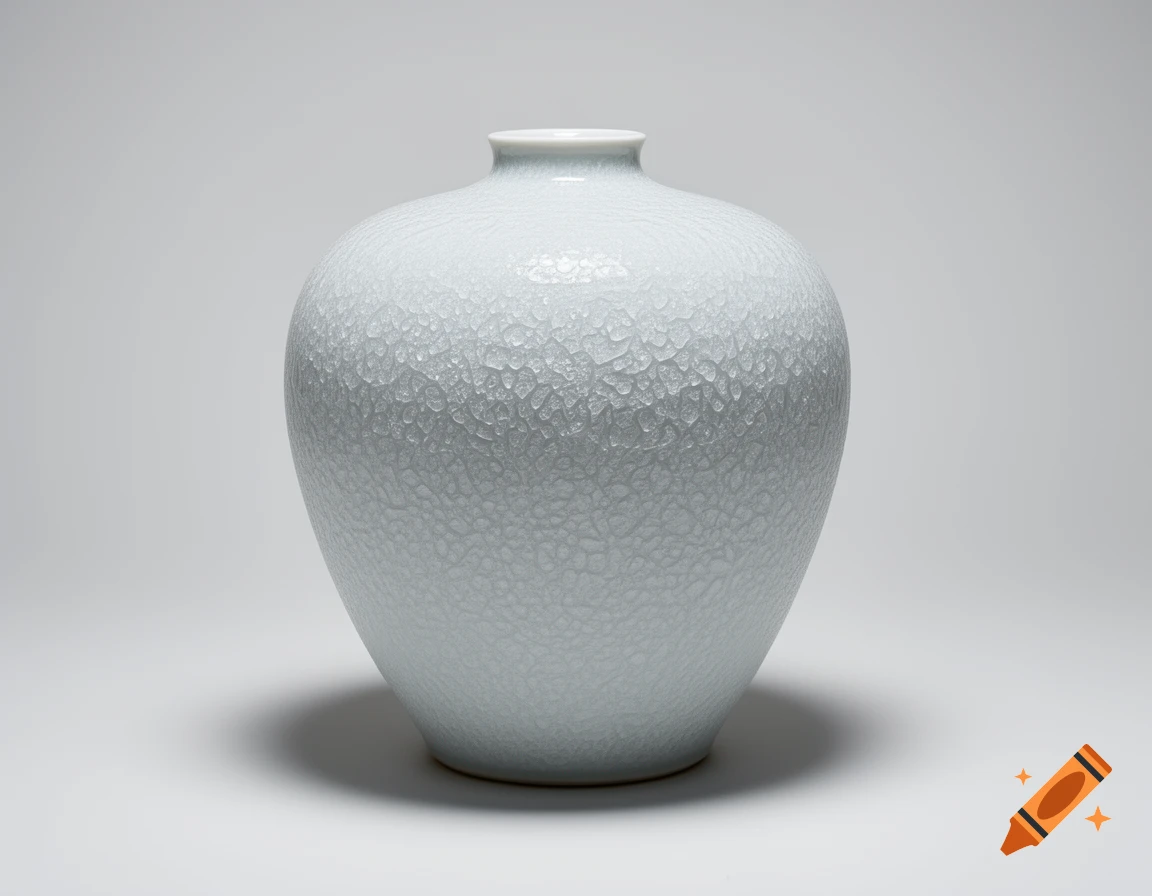 A light blue-grey ceramic meiping vase with a detailed crackle texture, set against a plain light background.