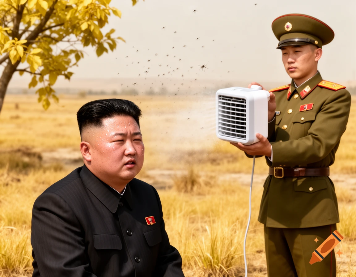 Photorealistic image of a sweating Kim Jong-Un in a dry, yellow landscape, as a soldier points a small fan at him while mosquitoes fly around.