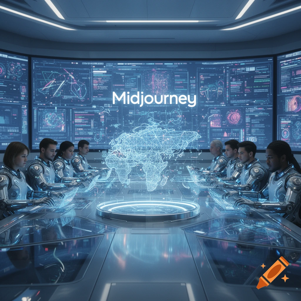 A diverse group of people in futuristic suits work in a high-tech control room with holographic displays and a world map.