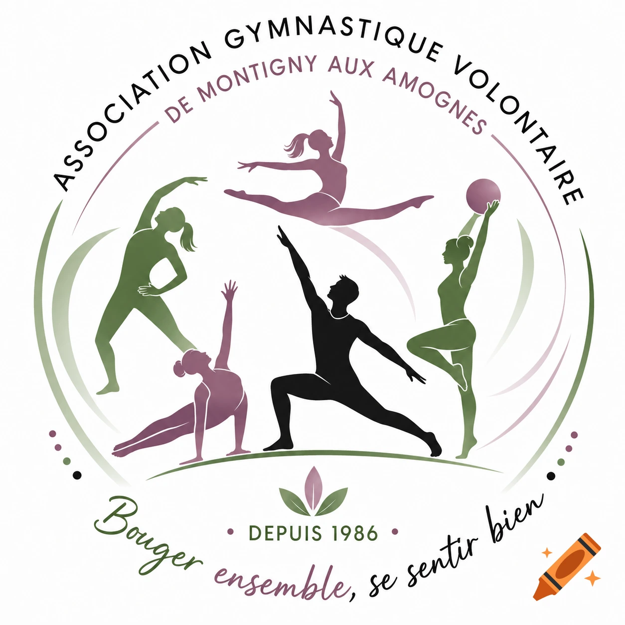 A round logo featuring green, purple, and black silhouettes of people performing gymnastics and fitness poses, with French text.
