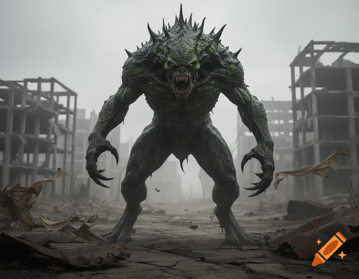 A large, green, spiky monster with glowing eyes and sharp teeth stands aggressively in a foggy, ruined city.