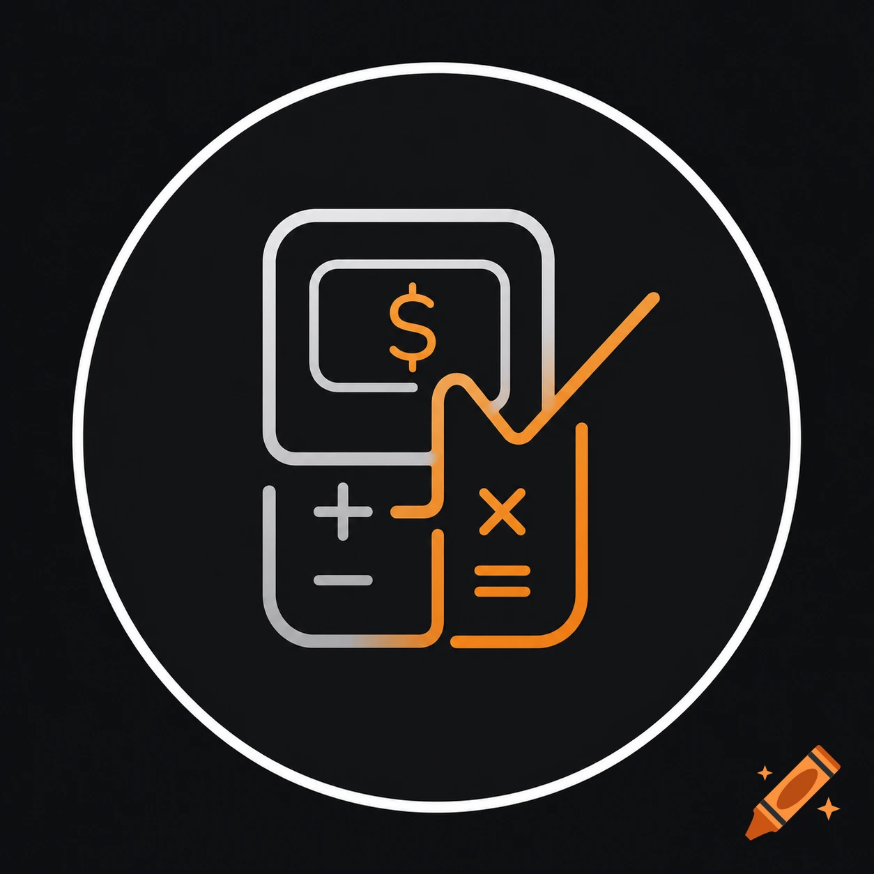 Minimalist line art icon of a finance calculator with dollar sign, math symbols, silver and orange highlights on a dark background.