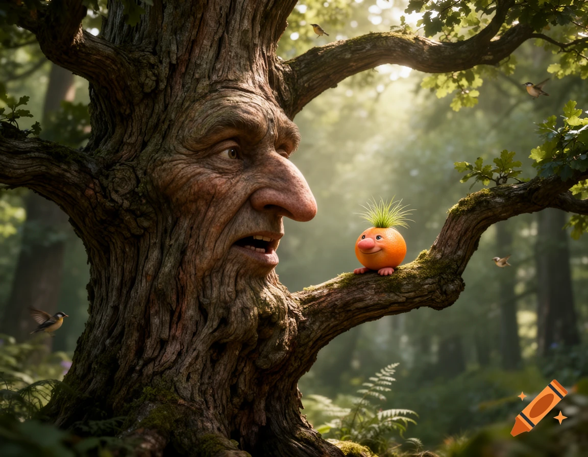 A photorealistic image of an old oak tree with a human-like face and surprised expression, looking at a small, orange, spiky-haired creature on its branch in a forest.