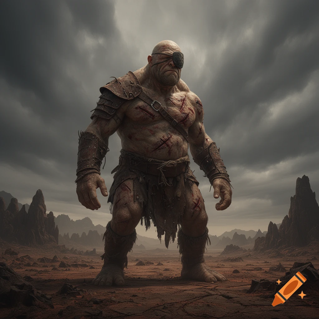 A hulking, scarred cyclops with an eyepatch stands in a desolate, rocky wasteland under a dark, stormy sky.