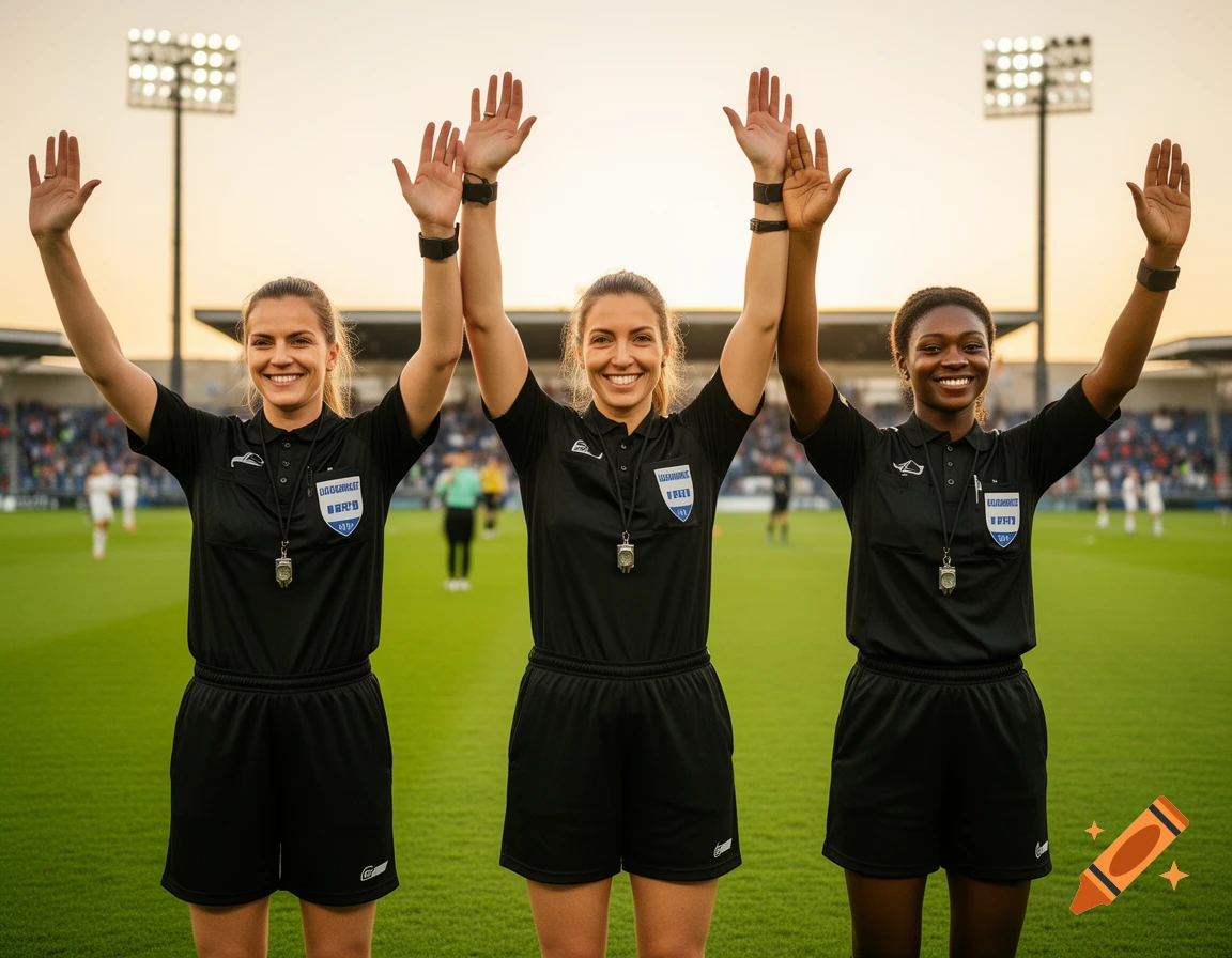 Three female football referees in black uniforms smile and wave with raised hands on a green field in a stadium.