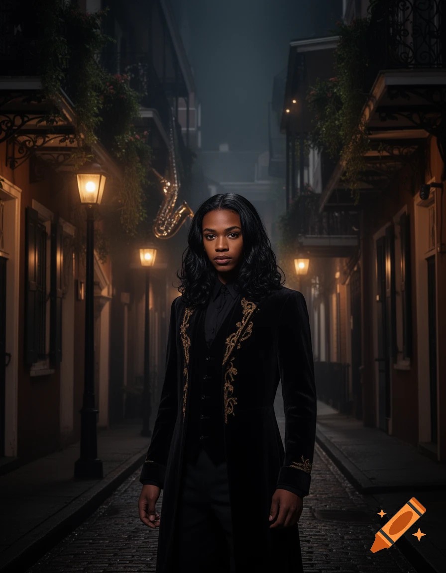 A person with long dark hair in a black embroidered coat stands on a misty, gas-lit cobblestone street at night, with a saxophone hanging in the background.