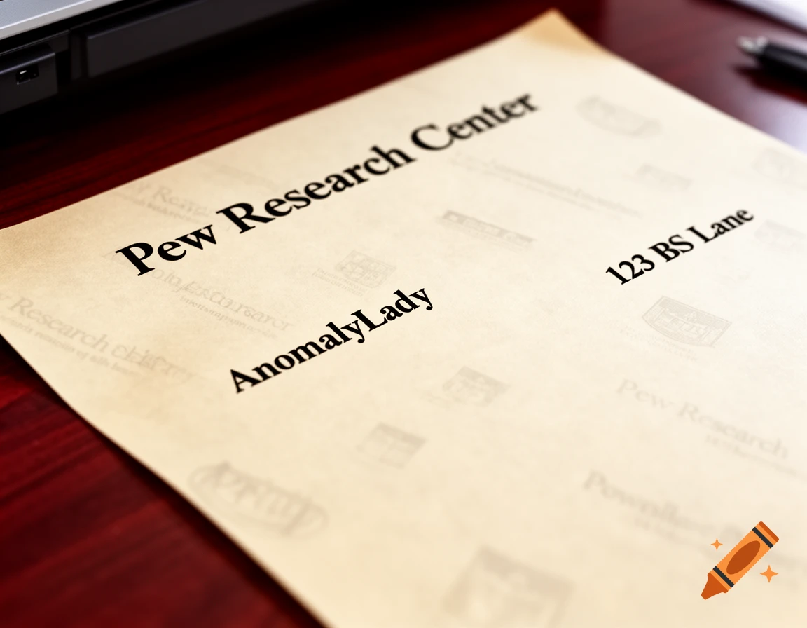 Close-up of a fake business registration document for 'Pew Research Center' with owner 'AnomalyLady' and address '123 BS Lane' on a desk.