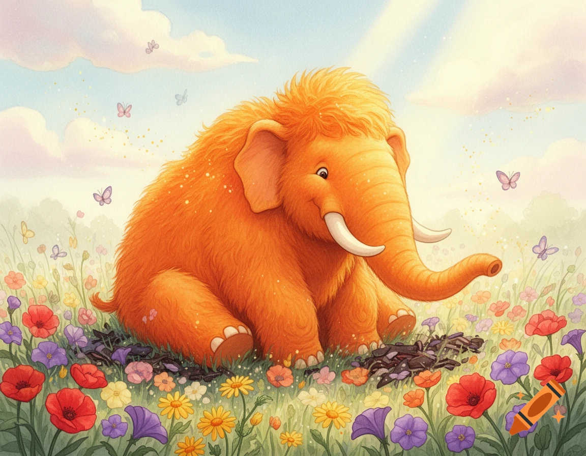 An animated, fluffy orange baby mammoth sits smiling in a colorful flower meadow under a bright sky.