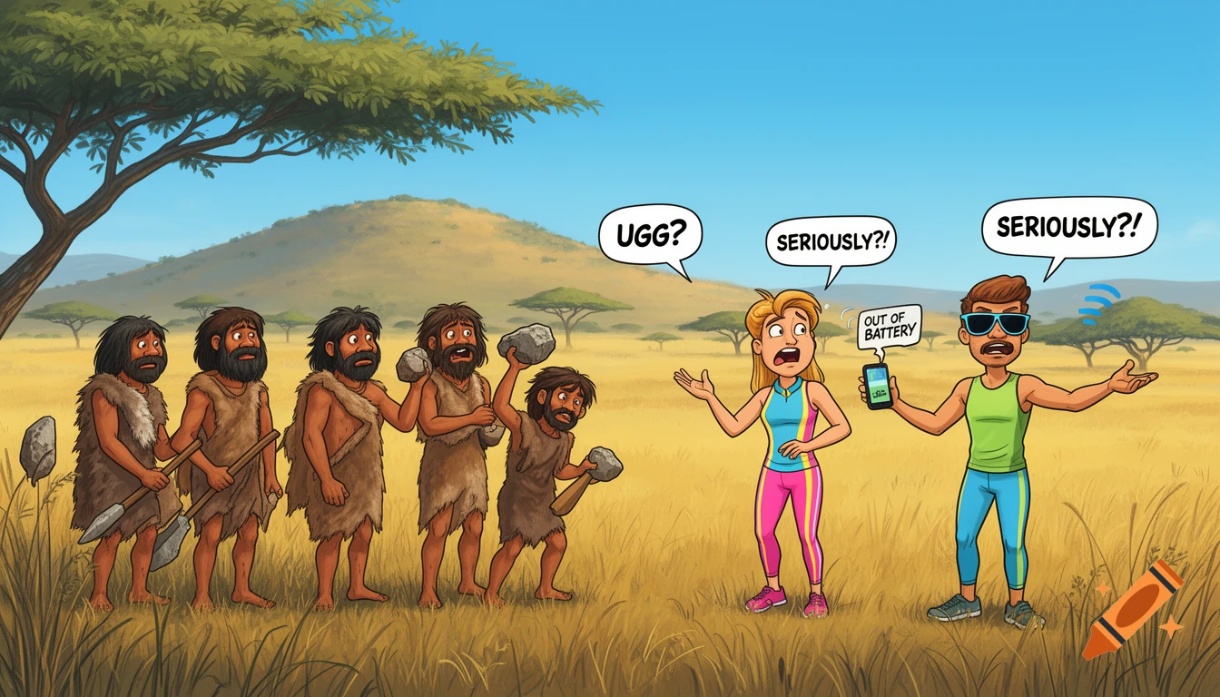 Cavemen watch confused as modern humans argue about 'UGG?' and a dead phone battery in a humorous savanna comic.