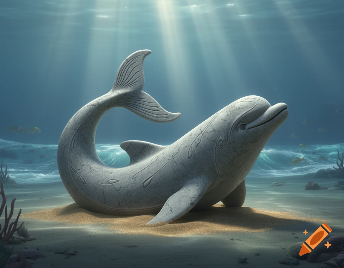A gray stone dolphin statue lies on the sandy ocean floor under bright sunbeams, with fish swimming nearby. CGI animated style.