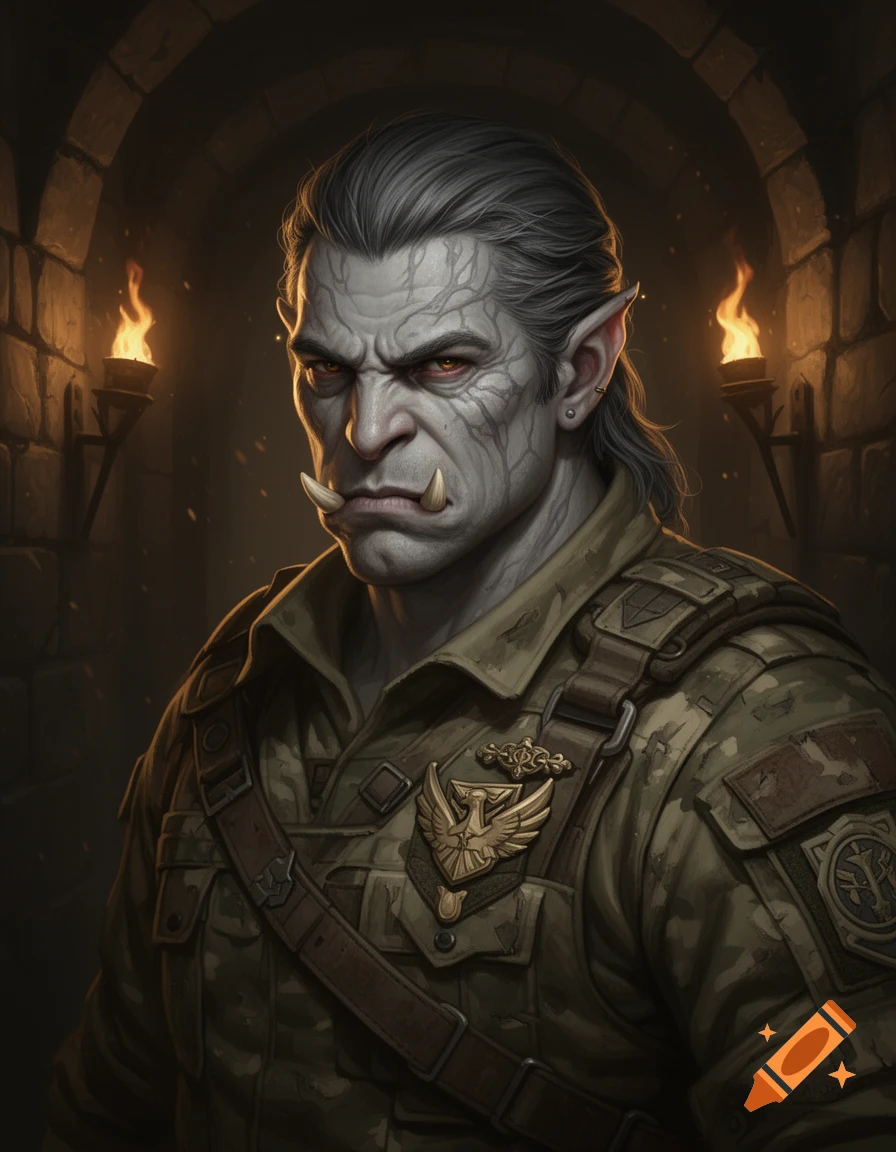 Portrait of a mature half-orc psionic fighter with grey skin and tusks in a worn military uniform, standing in a torch-lit dungeon.