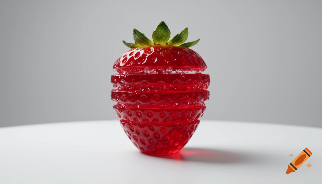 A hyper-realistic, sliced strawberry made of translucent red candy glass, stacked on a white studio table.
