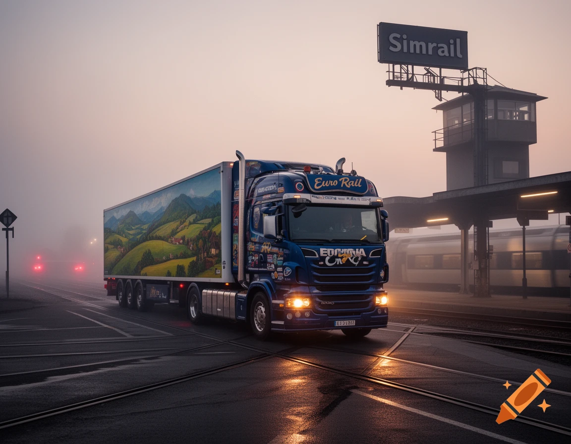 A blue semi-truck with a painted trailer featuring green hills and mountains drives on a wet road at dusk or dawn, with a foggy backdrop and a train station sign saying "Simrail" overhead.