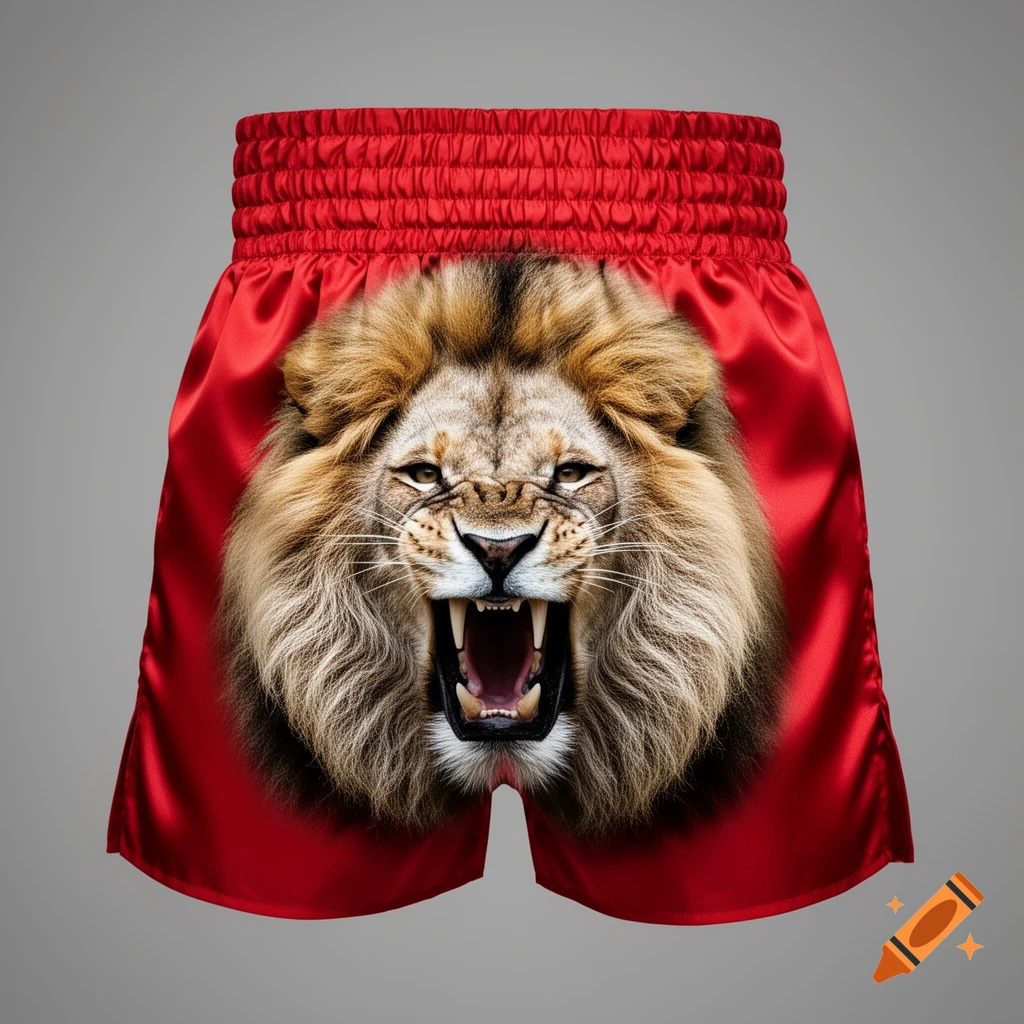 Red boxing shorts featuring a detailed, roaring lion's head on the front, set against a gray background.