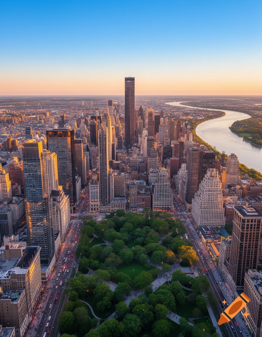 Aerial view of a sprawling city at sunset, featuring a large green park, numerous skyscrapers, and a winding river.