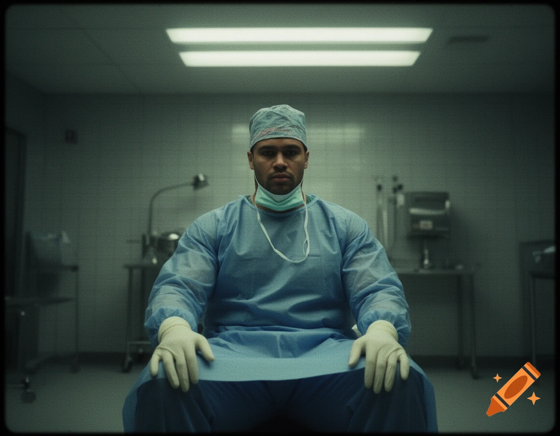 VHS-style photo of a muscular doctor in surgical attire, mask around his neck, seated in an eerie, dim lit high security ward.