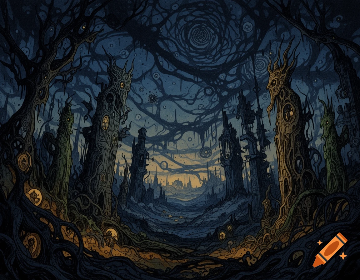 A dark, intricate surreal landscape with twisted tree-like structures, glowing orifices, and a swirling night sky over a distant city.