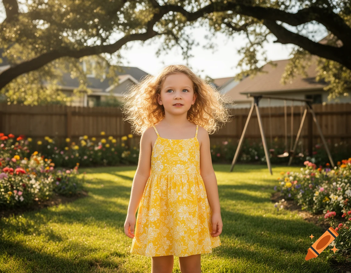 A young girl with blonde curly hair in a yellow dress stands in a sunny backyard with flowers and a large tree.