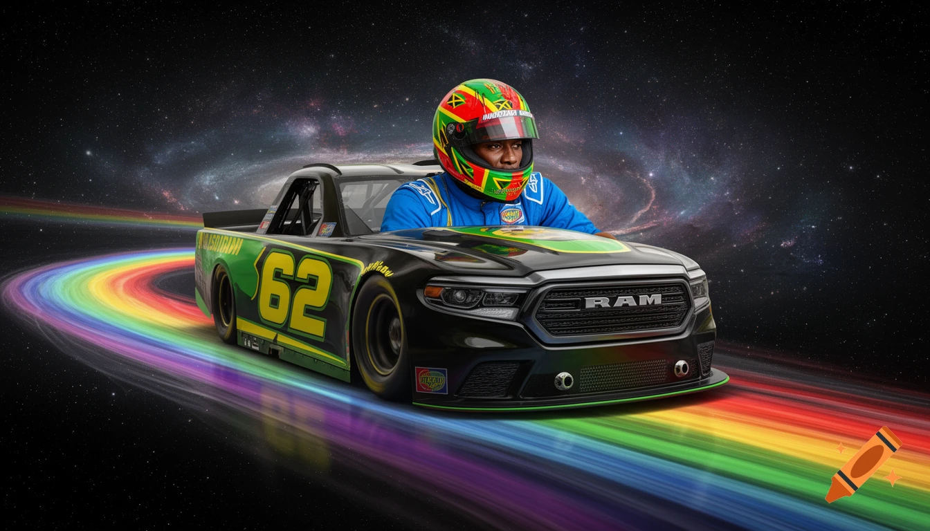 Afro Jamaican racer in a Rastafari helmet drives a black, green, and yellow NASCAR truck with number 62 on a rainbow road in space.