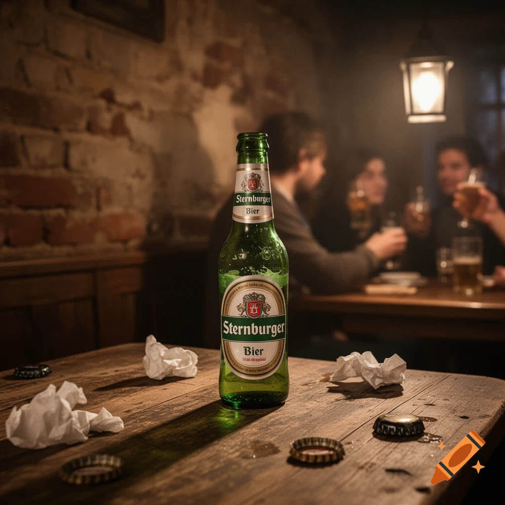 A Sternburger Bier bottle stands on a rustic wooden table with bottle caps in a dimly lit pub, people socialize in the blurred background. Photorealistic style.