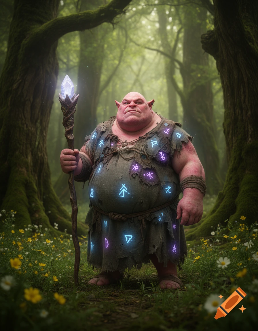 A pink-skinned, corpulent ogre with glowing runes on its tunic stands in a misty forest, holding a crystal-topped staff.