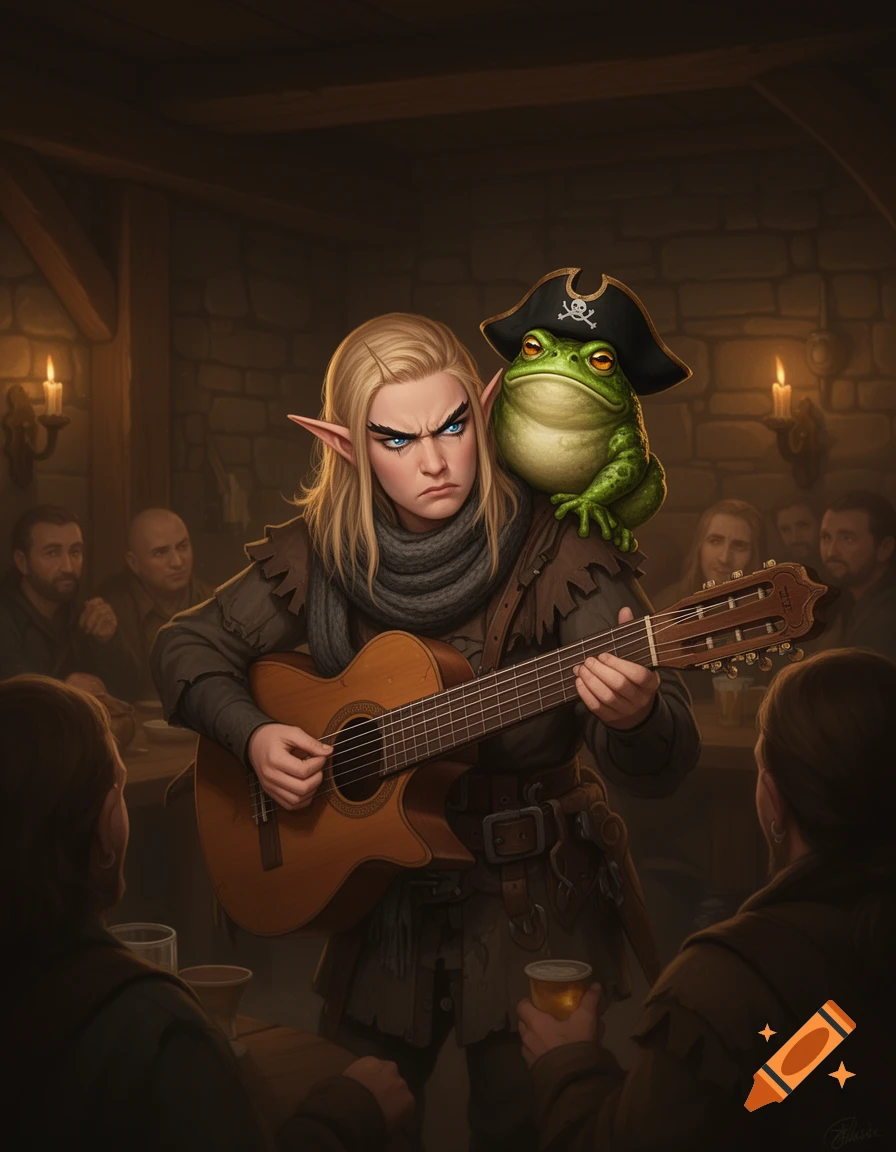 A grumpy blonde elf bard plays an acoustic guitar in a dark tavern, with a fat pirate frog sitting on her shoulder.