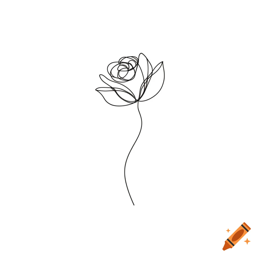 A minimalist continuous line drawing of a rose on a white background.