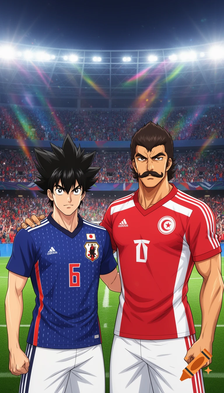 Anime-style illustration of two soccer players, one in a blue Japan jersey and one in a red Tunisia jersey, standing in a stadium.