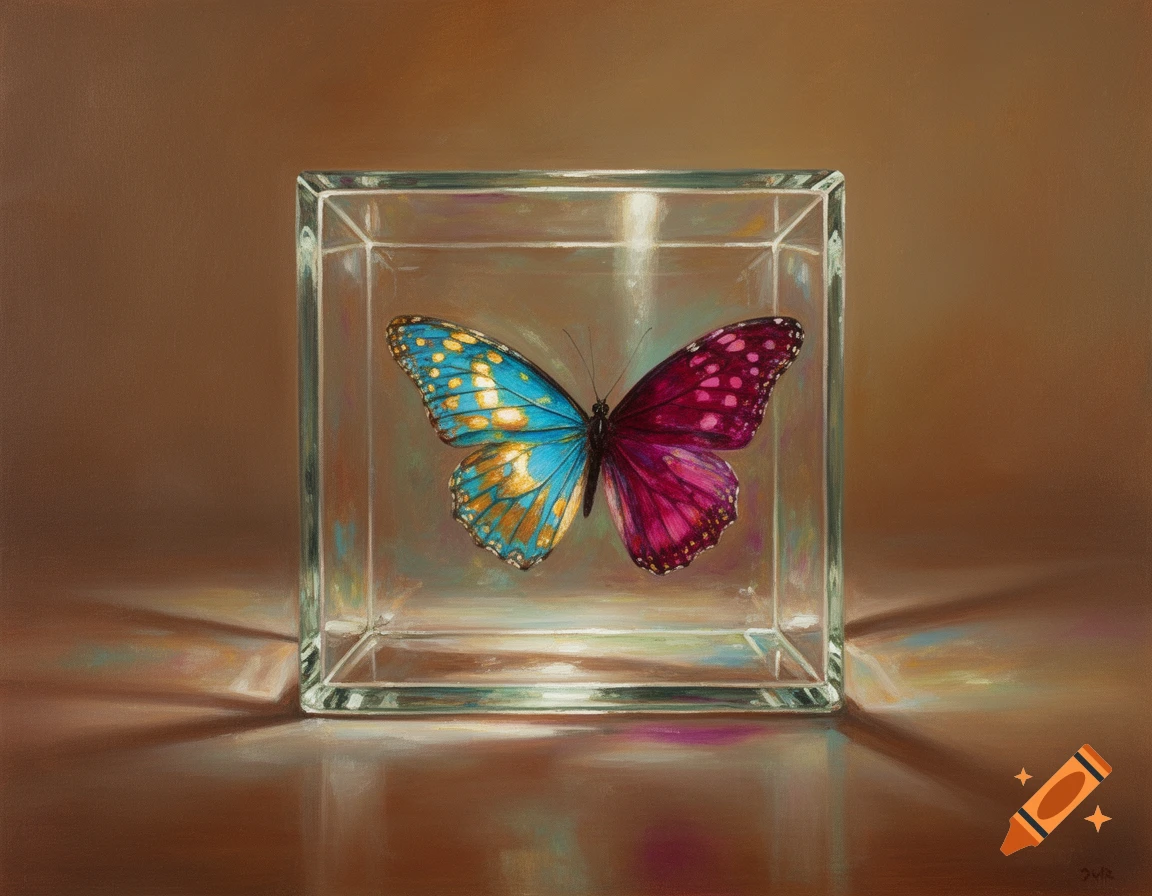An oil painting of a butterfly with one blue-gold wing and one pink-magenta wing, trapped inside a clear glass cube on a brown surface.