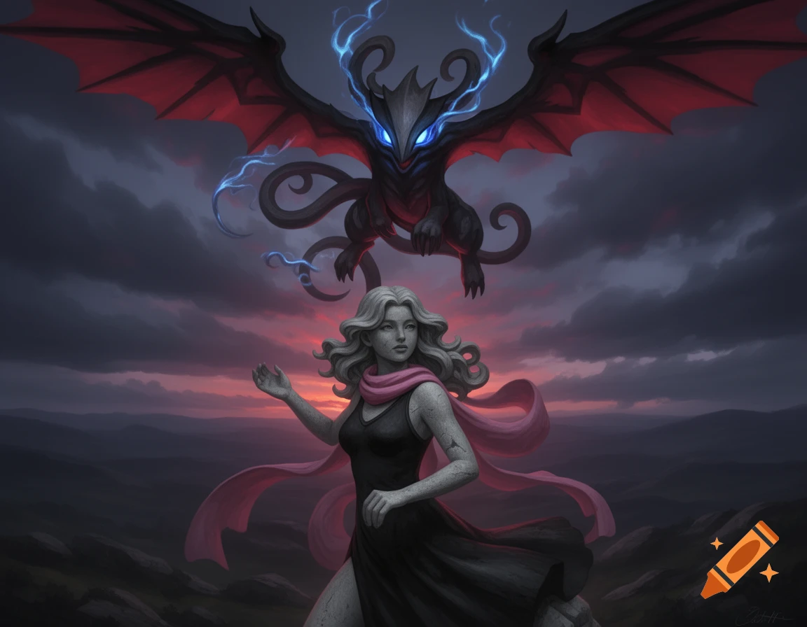 A woman with stone skin and pink scarf stands as a red-winged creature with blue lightning looms behind her against a sunset sky.