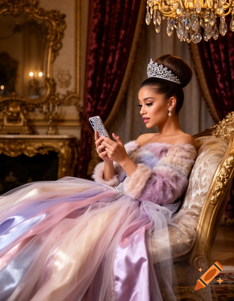 A woman in a colorful ball gown and crown, resembling Ariana Grande, sits on a golden throne using a phone.