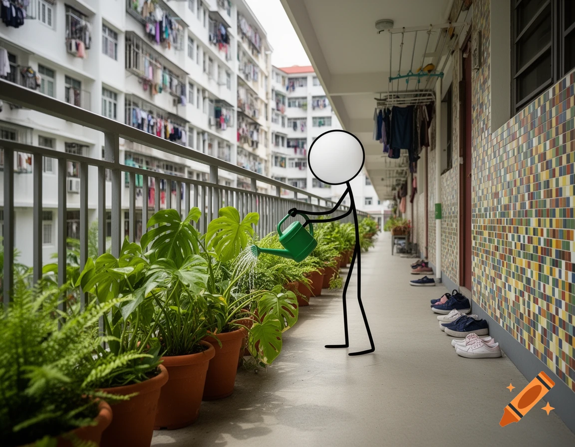 A stick figure waters potted plants on an urban apartment balcony, with other buildings and laundry visible in the background.