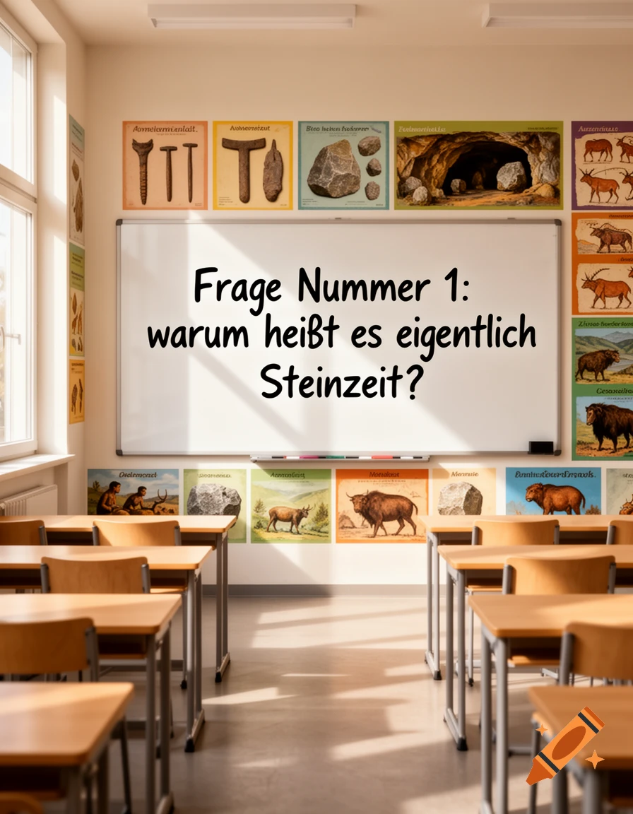 A classroom with a whiteboard displaying the question: "Frage Nummer 1: warum heißt es eigentlich Steinzeit?" surrounded by Stone Age themed posters.