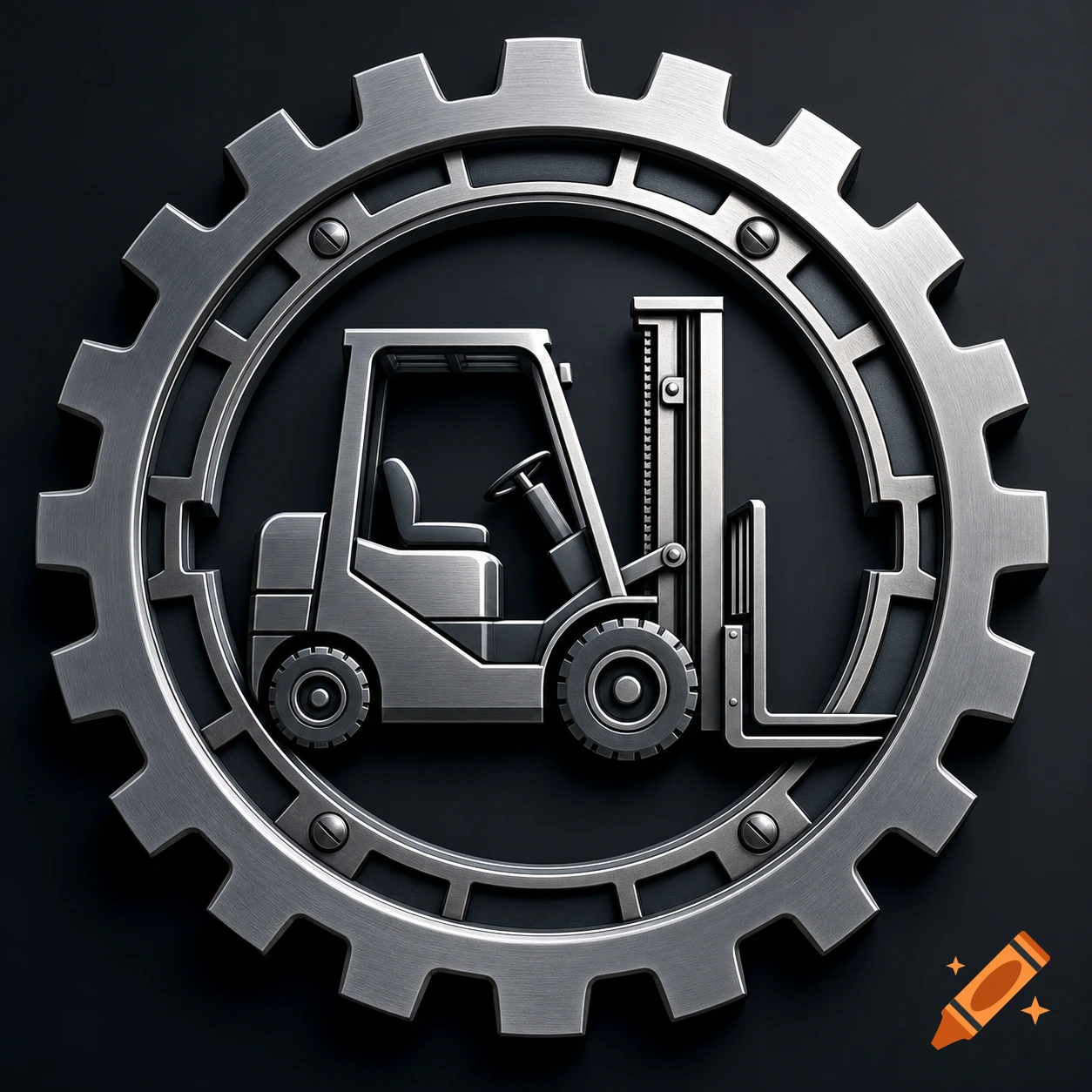 3D metallic logo of a forklift centered within a large industrial gear on a dark background.