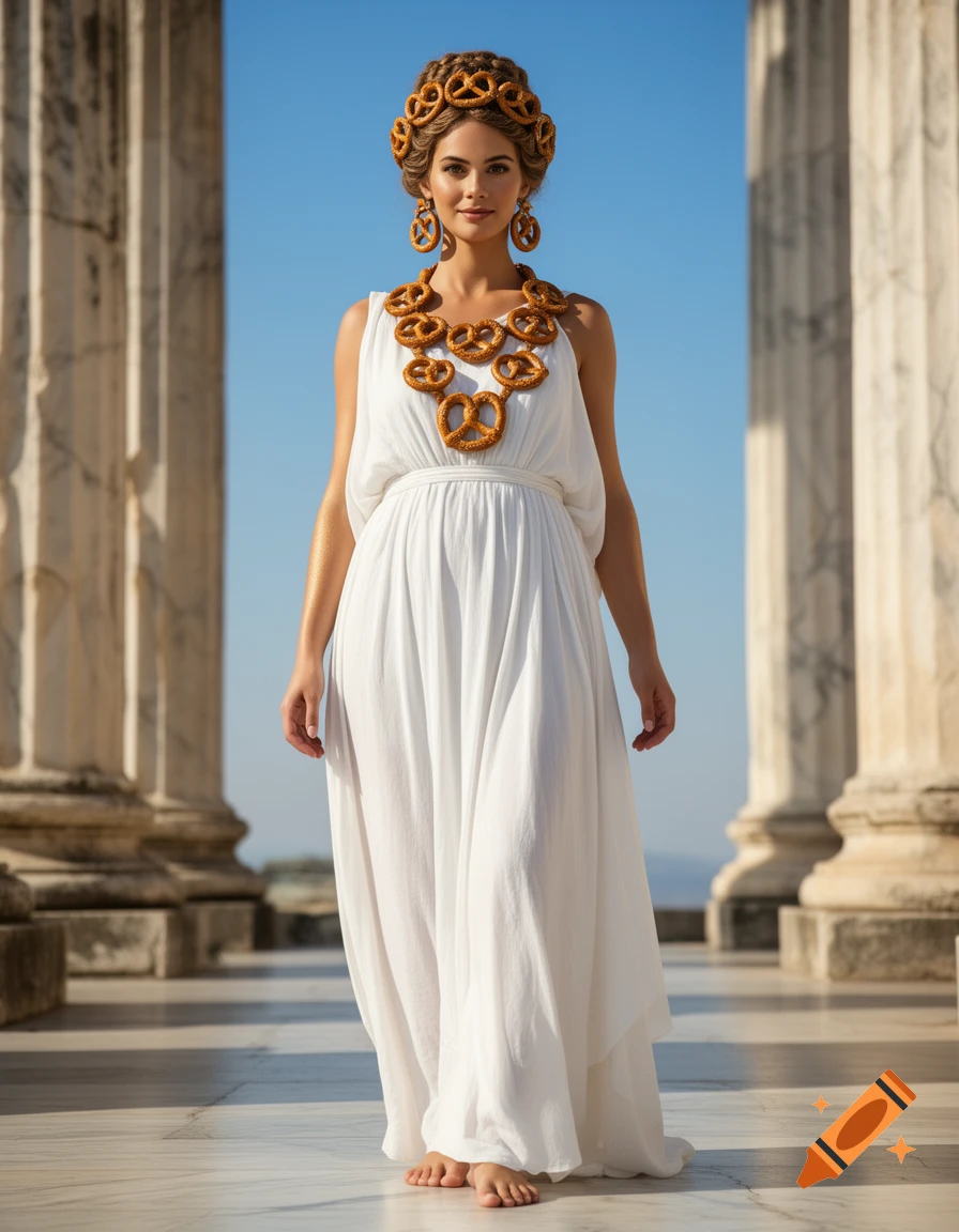 A woman dressed as a Greek goddess, wearing a white toga and intricate pretzel-shaped jewelry including a headpiece, earrings, and necklace, stands between ancient columns under a clear blue sky in a photorealistic style.