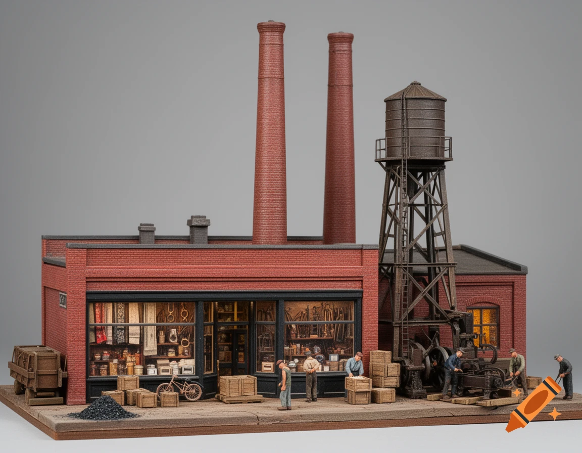A highly detailed scale model of an industrial-era factory and general store with two tall brick smokestacks and a water tower, with small figures working outside.