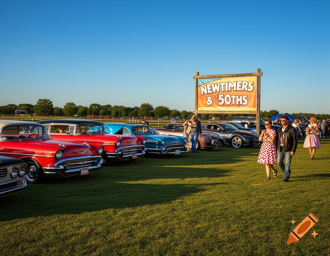A vibrant outdoor car show featuring rows of classic red cars and attendees strolling on a grassy field under a clear blue sky, with a sign reading "NEWTIMERS & '50THS".